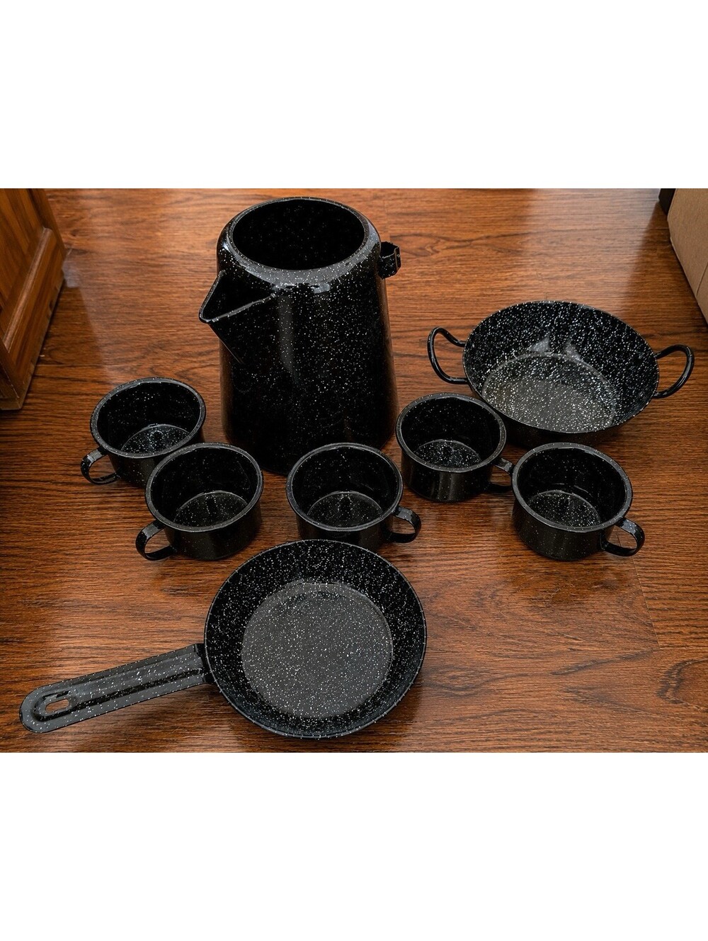 Black Speckled Enamel Camping Cook Set 8pc Kettle Pot Fry Pan